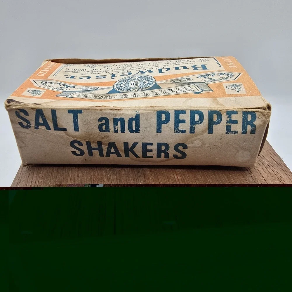 Vintage Budweiser Glass Bottle Salt & Pepper Shakers in Original Box